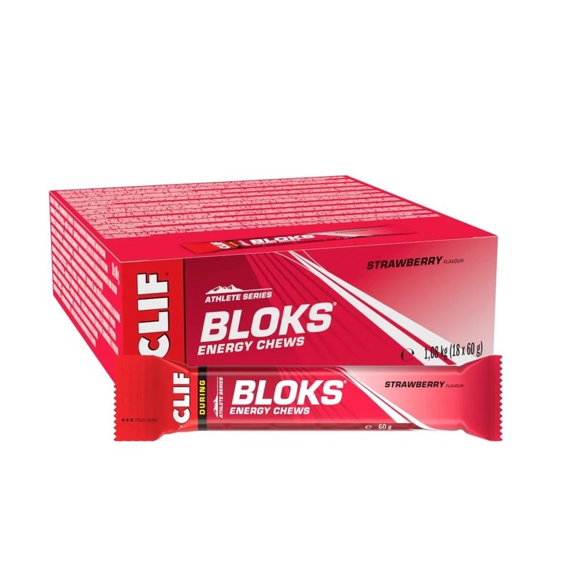 CLIF BLOKS Energy Chews | Strawberry | Plant Based | Quick Energy for Cycling and Running | Workout Snack | 18 x 60 g