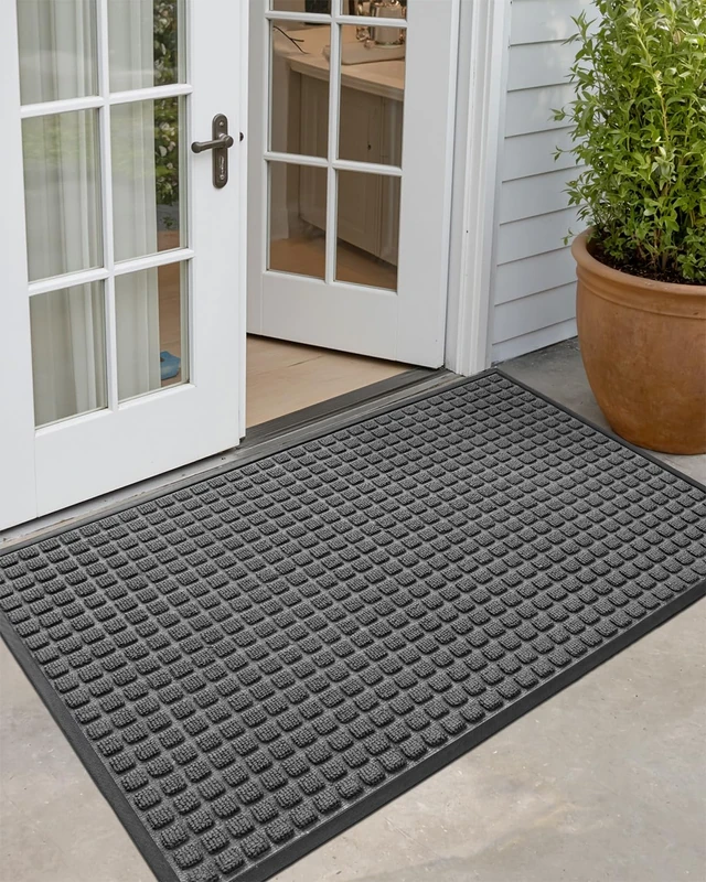 DEXI Large Front Door Mat Indoor Outdoor Doormat, Durable Heavy Duty Welcome Mat, Non-Slip, Low-Profile, Easy Clean Entryway Rugs, 3'x5', Squares Grey