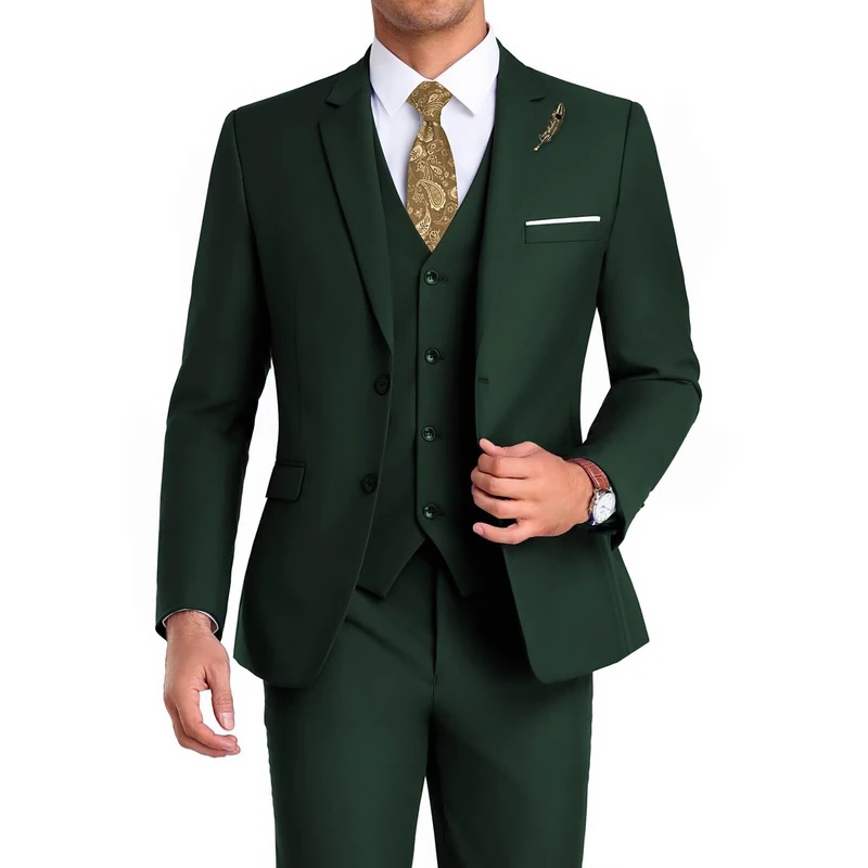Mrbuerly Men Suit 3 Pieces Slim Fit, 2 Buttons Groomsmen Business Jacket Vest Pant Prom Tuxedo with Tie, Dark Green, L