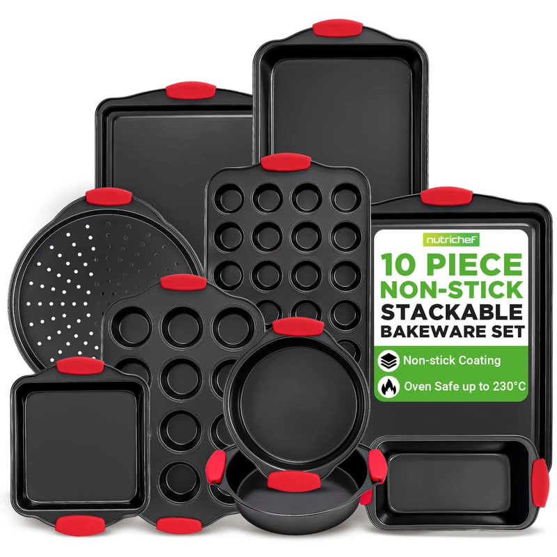 NutriChef Non-Stick Baking Tray Set 10-Piece, Stackable Oven-Safe Bakeware, Cookie Sheet, Loaf, Pizza, Muffin, Cake, Round & Square Pans, Non-Stick Trays with Red Silicone Handles