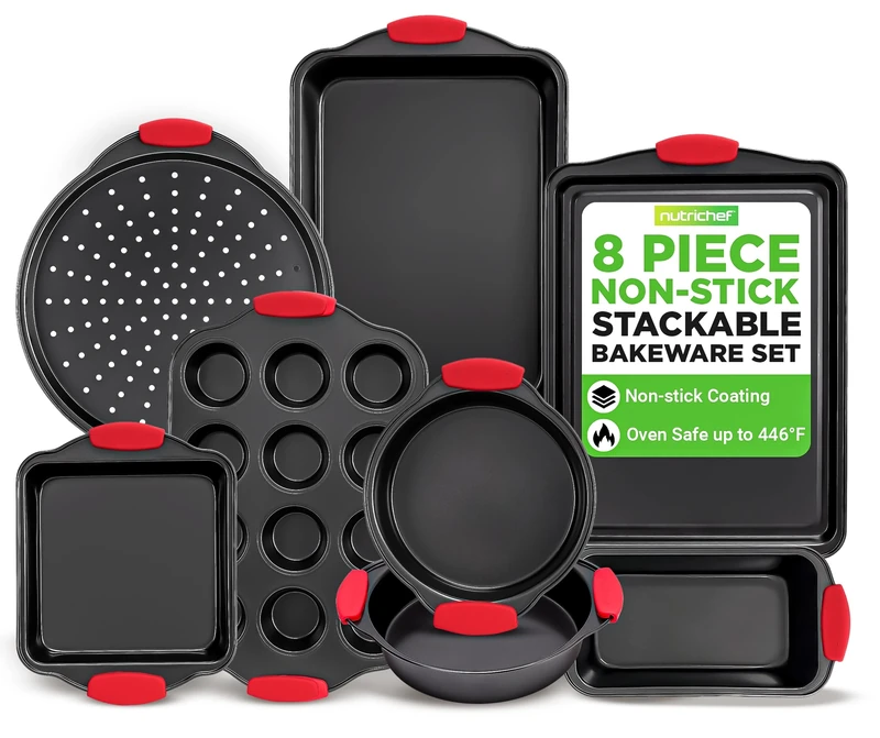 NutriChef 8-Piece Non-Stick Baking Tray Set, Stackable Oven-Safe Bakeware, Cookie Sheet, Loaf, Pizza, Muffin, Cake, Round & Square Pans, Non-Stick Trays with Red Silicone Handles