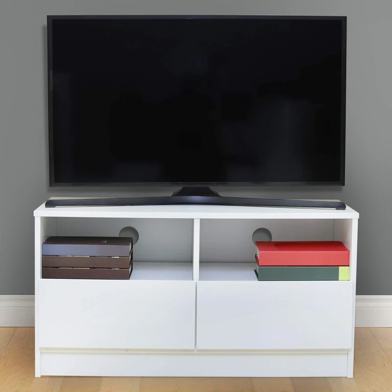 BuildRapido 2 Drawer TV Unit with Cable Management Hole-Simple Easy Assembly, Particle Board, White, W90cm x D40cm x H44.5cm, BR004 - Image 1
