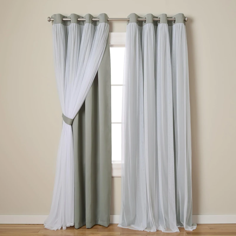 TOWN & COUNTRY LUXE Exclusive Home Curtains Exclusive Home Catarina Layered Solid Room Darkening Blackout and Sheer Grommet Top Curtain Panel Pair, Polyester, Soft Grey, 52x84