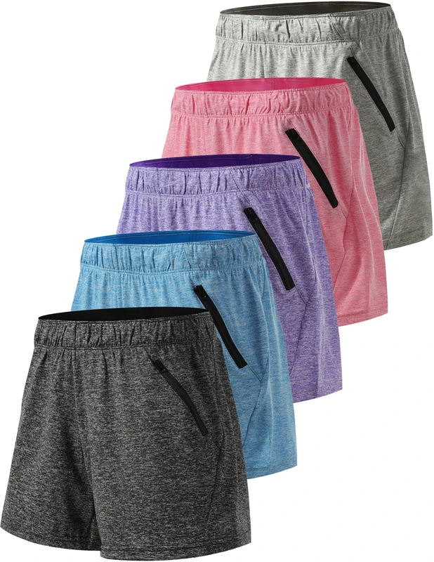 Liberty Imports Pack of 5 Women's Quick Dry Heather Yoga Training Shorts with Zipper Pockets, Edition 1, Large