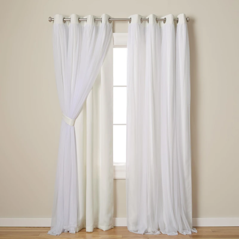 TOWN & COUNTRY LUXE Exclusive Home Catarina Layered Solid Room Darkening Blackout and Sheer Grommet Top Curtain Panel Pair, 52"x84", Vanilla - Image 1
