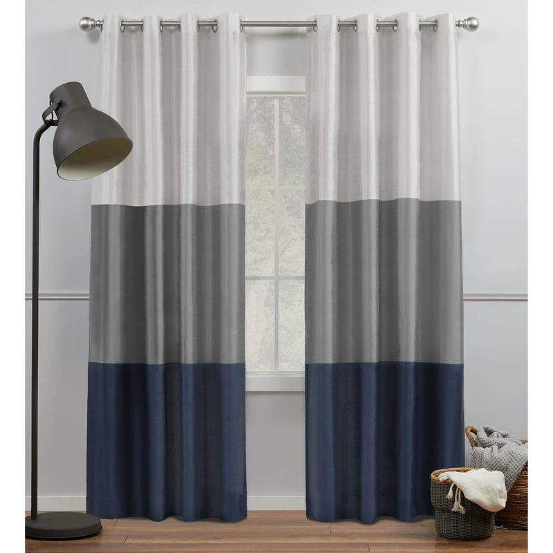 Exclusive Home Chateau Striped Faux Silk Grommet Top Curtain Panel Pair, 54"x108", Navy/Grey