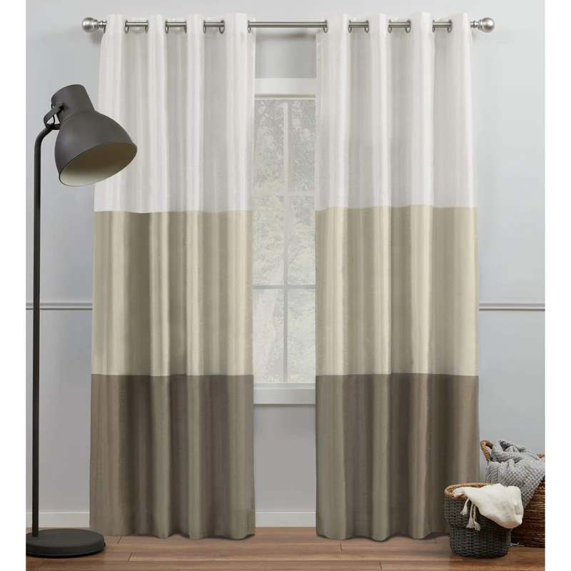 Exclusive Home Chateau Striped Faux Silk Grommet Top Curtain Panel Pair, 54"x108", White/Sand