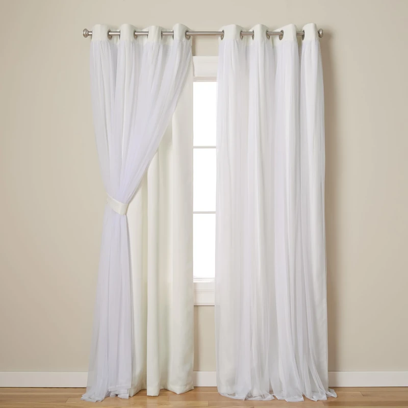 TOWN & COUNTRY LUXE Exclusive Home Catarina Layered Solid Room Darkening Blackout and Sheer Grommet Top Curtain Panel Pair, 52"x108", Vanilla