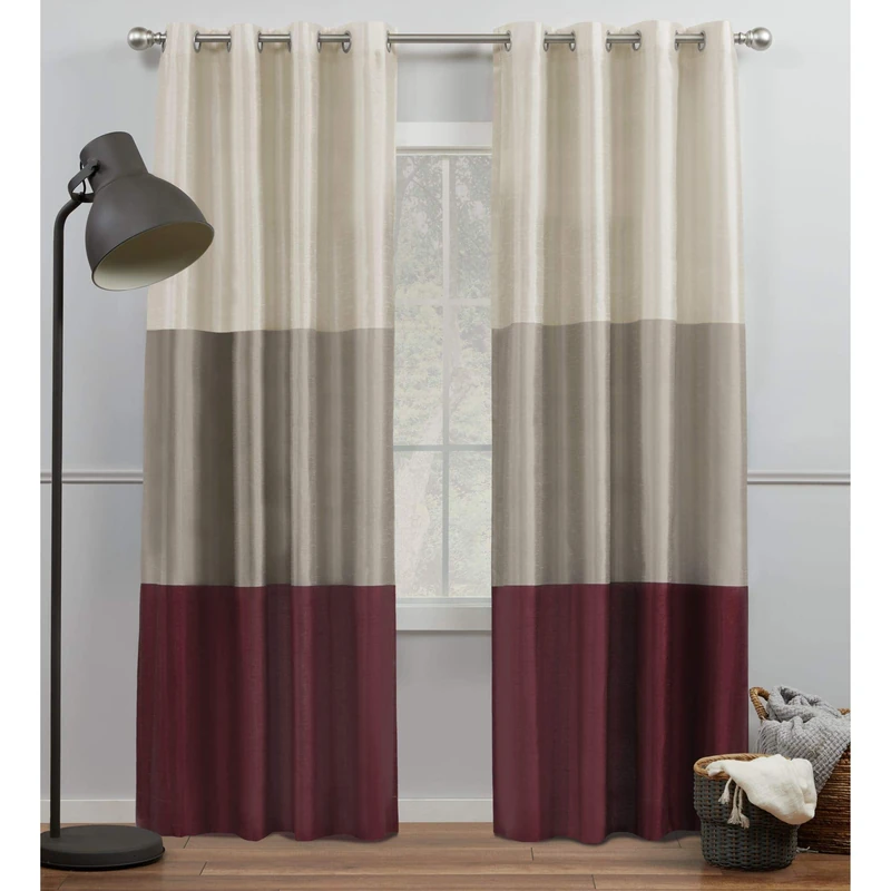 Exclusive Home Chateau Striped Faux Silk Grommet Top Curtain Panel Pair, 54"x84", Burgundy/Taupe