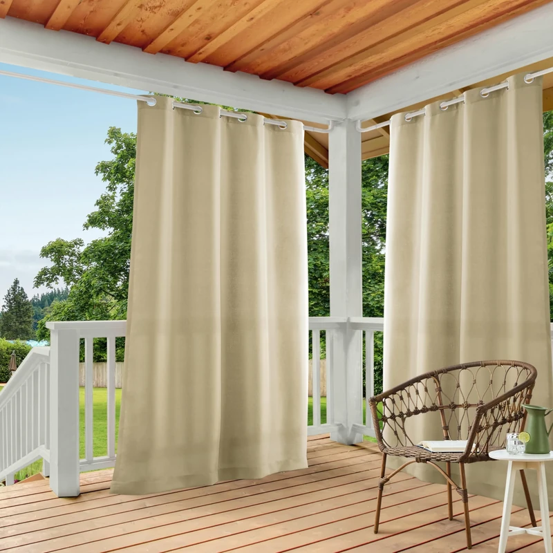 TOWN & COUNTRY BASICS Exclusive Home Cabana Solid Indoor/Outdoor Light Filtering Grommet Top Curtain Panel, 54"x120", Natural, Set of 2