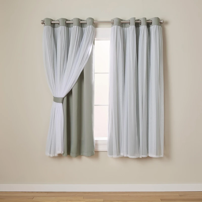 TOWN & COUNTRY LUXE Exclusive Home Catarina Layered Solid Room Darkening Blackout and Sheer Grommet Top Curtain Panel Pair, Polyester, Soft Grey, 52" W x 63" L (Pack of 2)