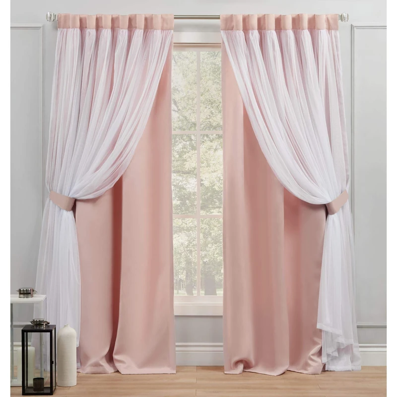 Exclusive Home Curtains Catarina Layered Solid Blackout and Sheer Hidden Tab Top Curtain Panels, 52x84, Rose Blush