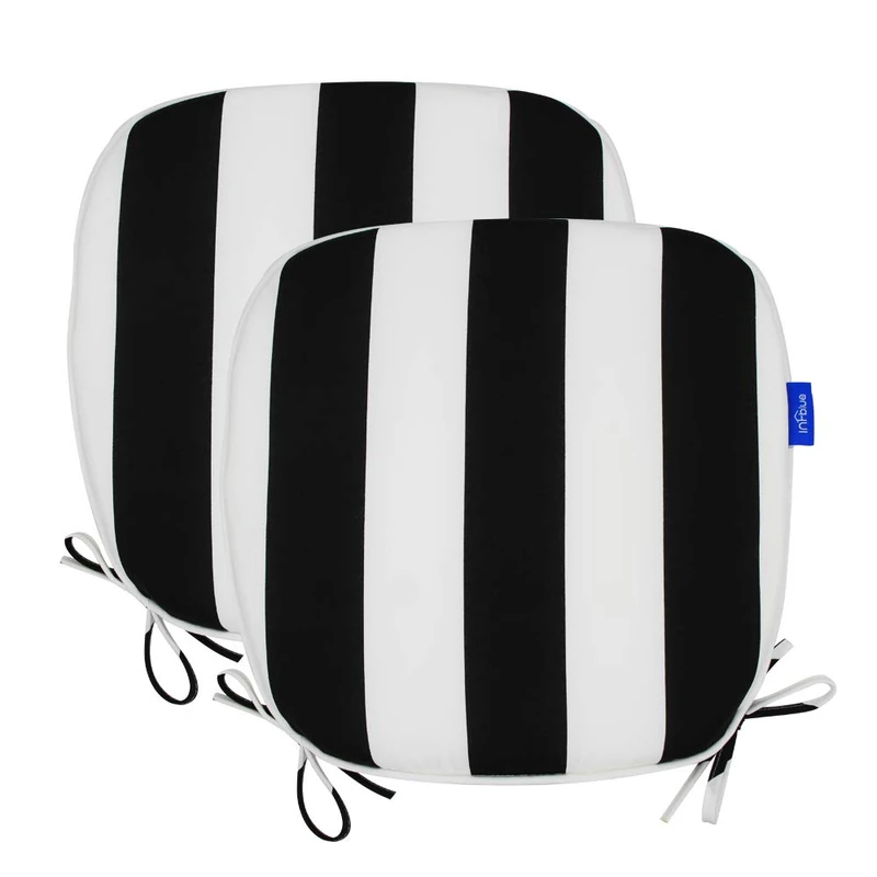 SleepMan Outdoor 17"x16" Chair Cushions with Ties Set of 2, Water Resistant All Weather U-Shape Seat Pads for Patio Garden Furniture Indoor Fade Resistant Patio Cushions (Black Stripe)