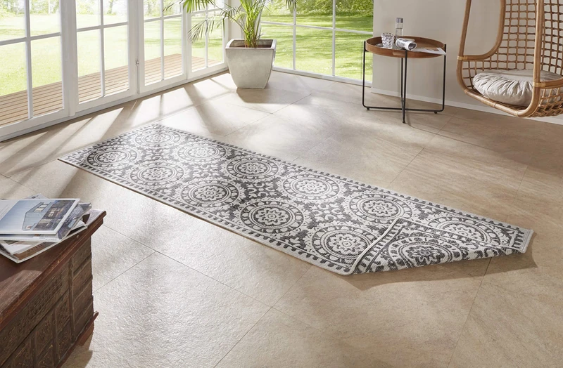 Hanse Home Bougari Jardin Flat Weave Reversible Rug for Indoor and Outdoor Use, Grey Cream, 80 x 350 cm