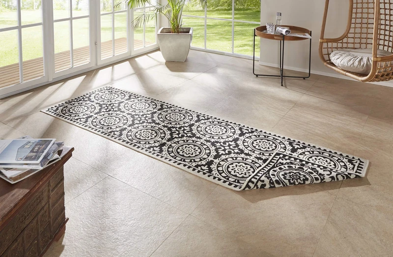 bougari Jardin Flat Weave Reversible Rug for Indoors and Outdoors, Black Cream, 80 x 350 cm