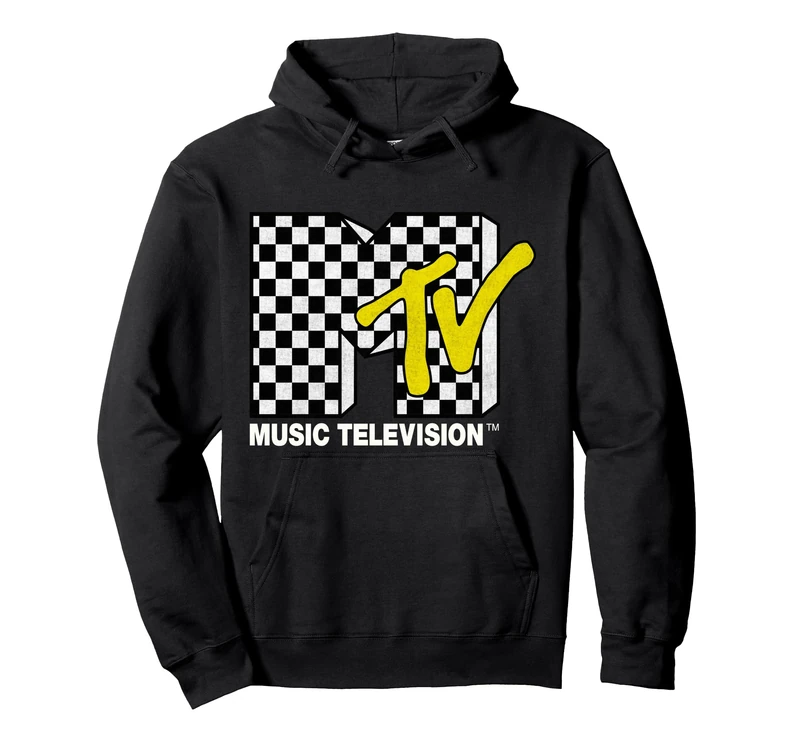 Classic MTV Logo Distressed Checkered Print Pullover Hoodie