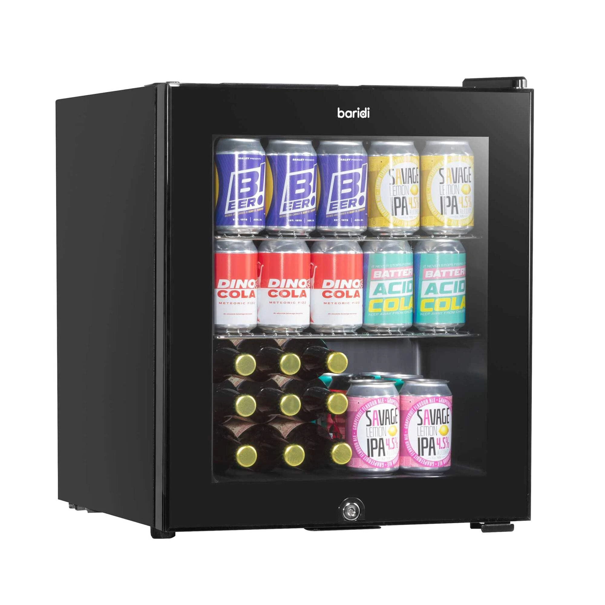 Baridi 50L Drinks Fridge/Beer & Wine Mini-fridge Cooler Table Top Fridge with LED Light & Reversible Glass Door | Bedroom Mini Bar with Lock & Key, Black - DH12