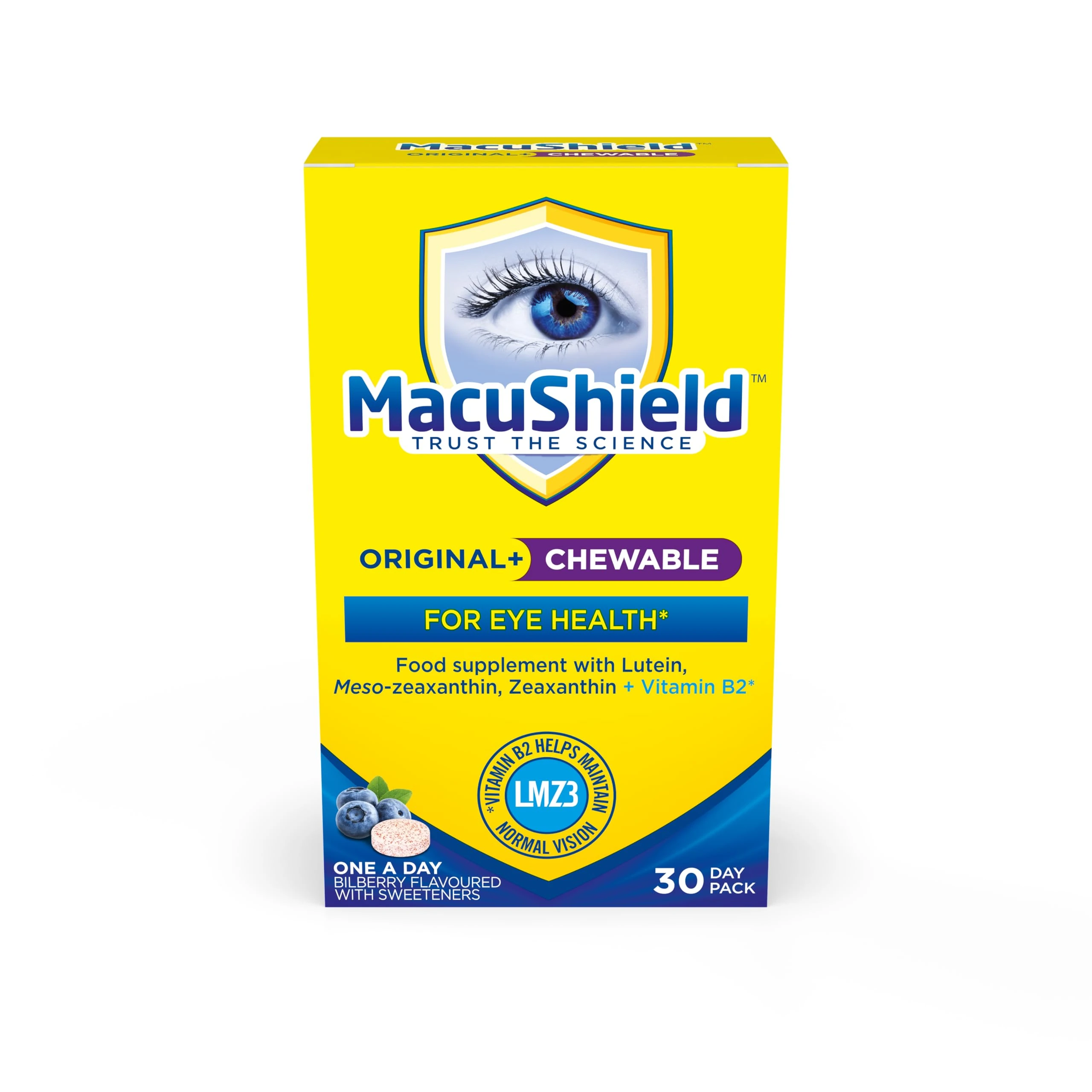 MacuShield Original Plus Chewable – 30 Day Pack, Eye Health Supplement with Lutein, Zeaxanthin and Meso-zeaxanthin + Vitamin B2 (Riboflavin) which Helps Support Normal Vision, Bilberry Flavour