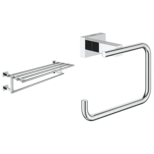Grohe 40512001 Essentials Cube Towel Rail -Silver + GROHE 40507001 Essentials cube Wall Mounted Roll Holder Silver