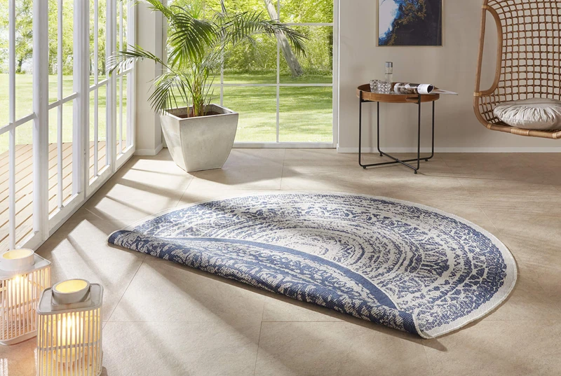 Freundin Home Collection Rosica Flat Weave Reversible Rug for Indoor and Outdoor Use Blue Cream Diameter 140 cm