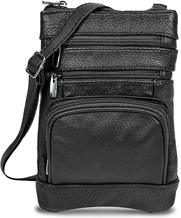 Maze Exclusive Womens Genuine Leather Cross Body Handbag Purse Messenger Bag with Multi-Pockets, Adjustable Strap (Plus Black)