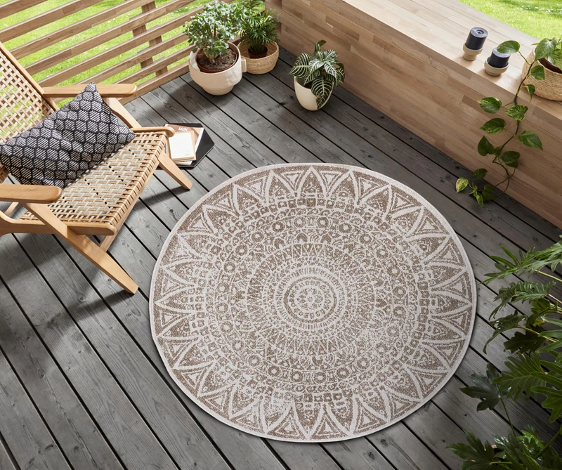 freundin Home Collection Nora Indoor & Outdoor Rug Round Reversible Rug Weatherproof Modern Design Round Rug for Balcony Patio Conservatory Bathroom Rug Living Room Rug Grey Cream 140 cm - Image 1