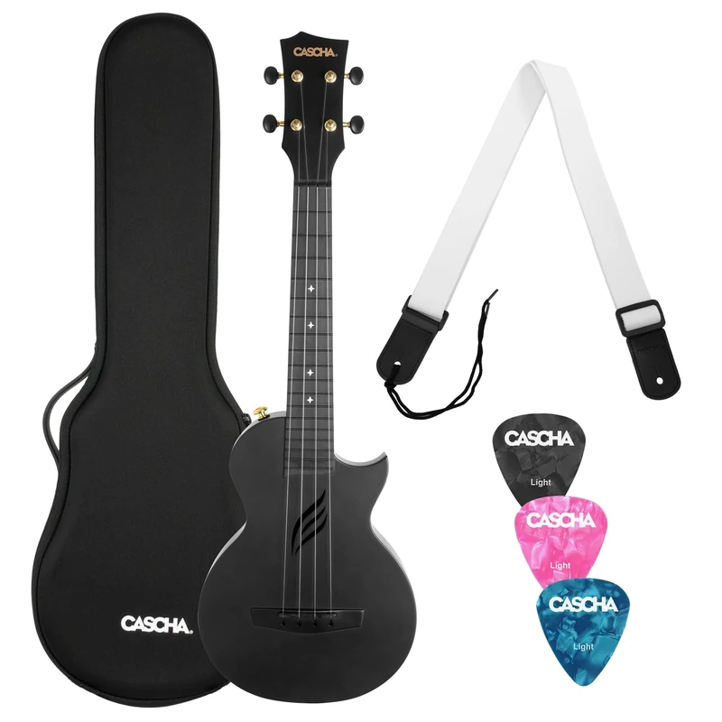 CASCHA Concert Ukulele Set Carbon Fiber - Carbon Ukulele Starter Kit with 3 Picks and Bag - Ukulele Set Fluorocarbon Strings - Small Hawaiian Guitar for Beginners and Advanced - Black