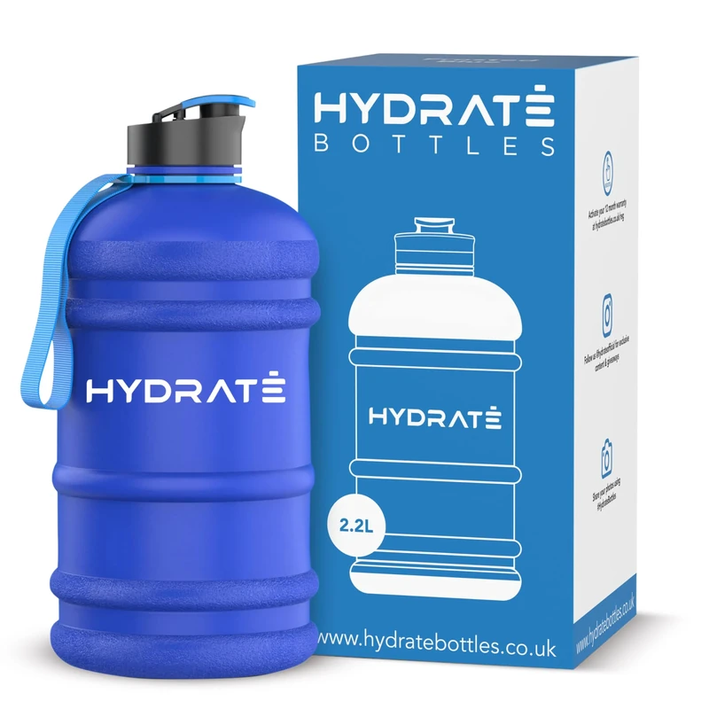 HYDRATE XL Jug 2.2L Water Bottle - Big Water Bottle with Integrated Handle and Nylon Strap - BPA-Free, Leak Proof Pop Cap Sports Bottle for Gym, Travel and Daily Hydration - Frosted Blue