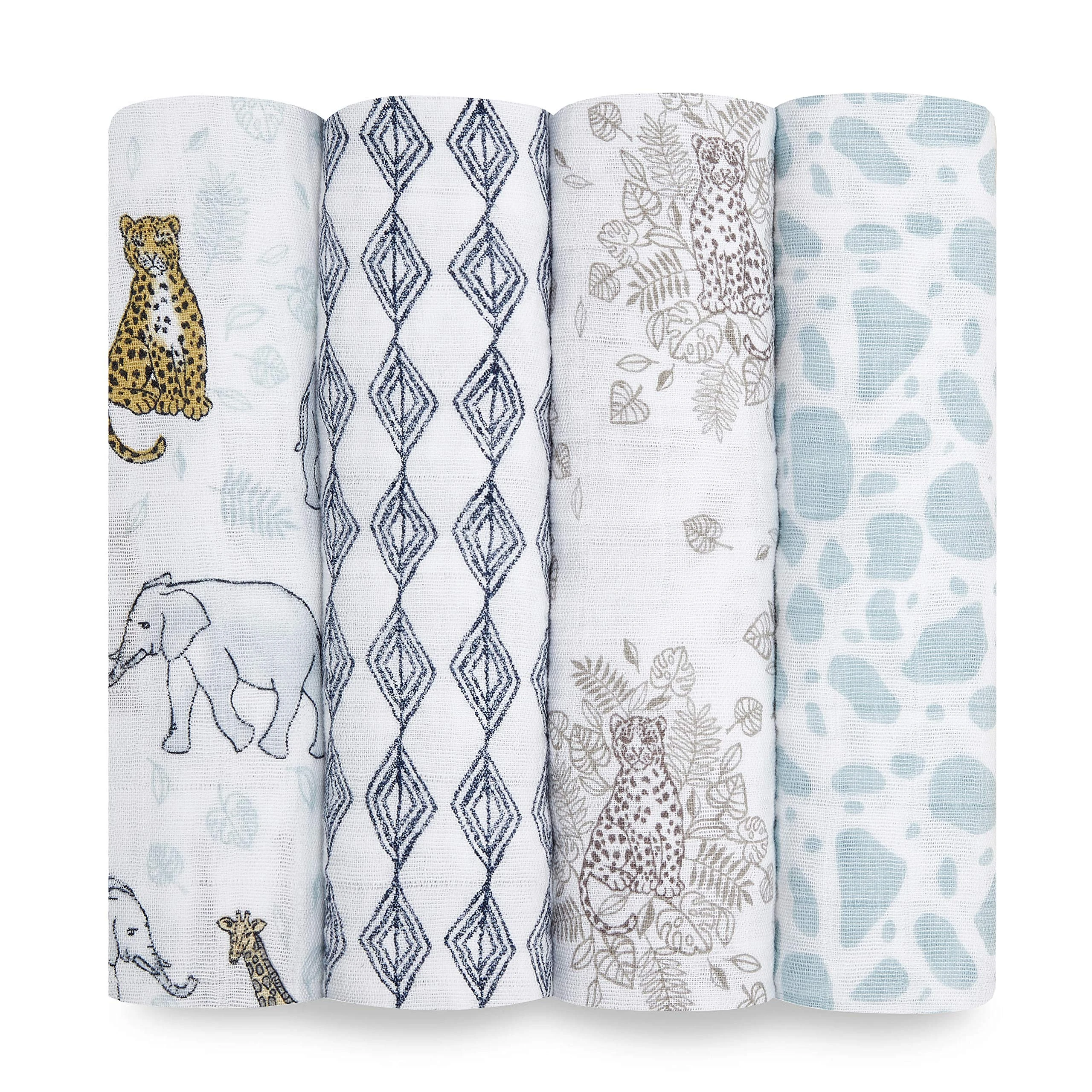 aden + anais 100% cotton Muslin Swaddle & Receiving Blankets for Baby Girls & Boys, 120x120cm, Ideal Newborn & Infant Swaddling Wrap Set, Perfect Shower Gifts, 4 Pack, jungle