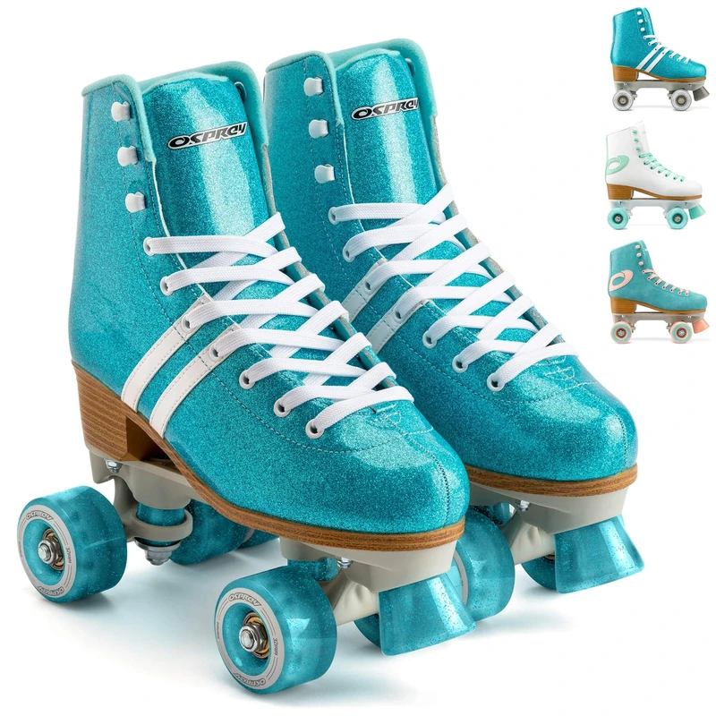 Osprey Retro Quad Roller Skates for Adults – Women's Lace Up High Top Roller Boots - Multiple Designs, Glitter Blue, UK ADULT 3/EU 36