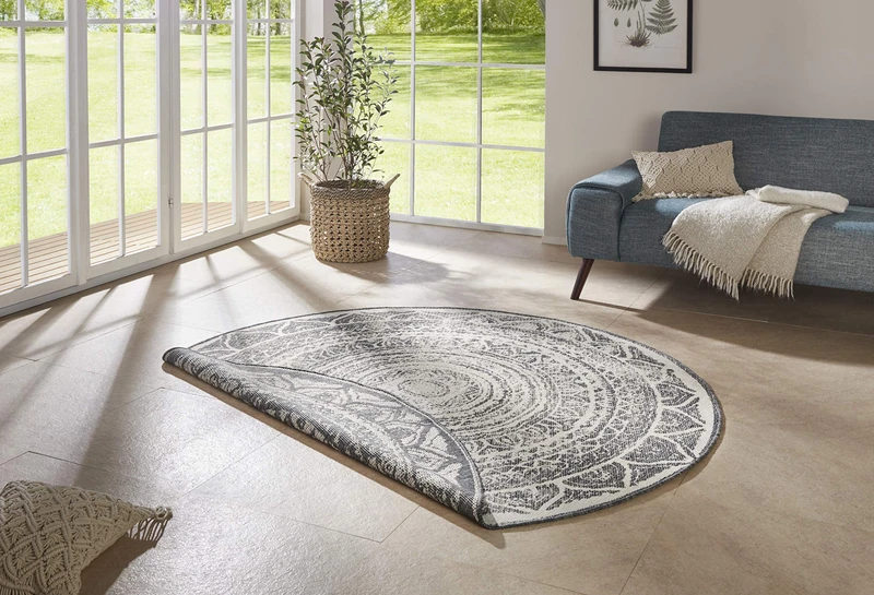 NORTHRUGS Indoor and Outdoor Rug Siruma Round Diameter 140 cm - Reversible Rug Weatherproof Oriental Vintage Design Runner for Balcony Patio Garden Conservatory Living Room Rug Waterproof in Grey