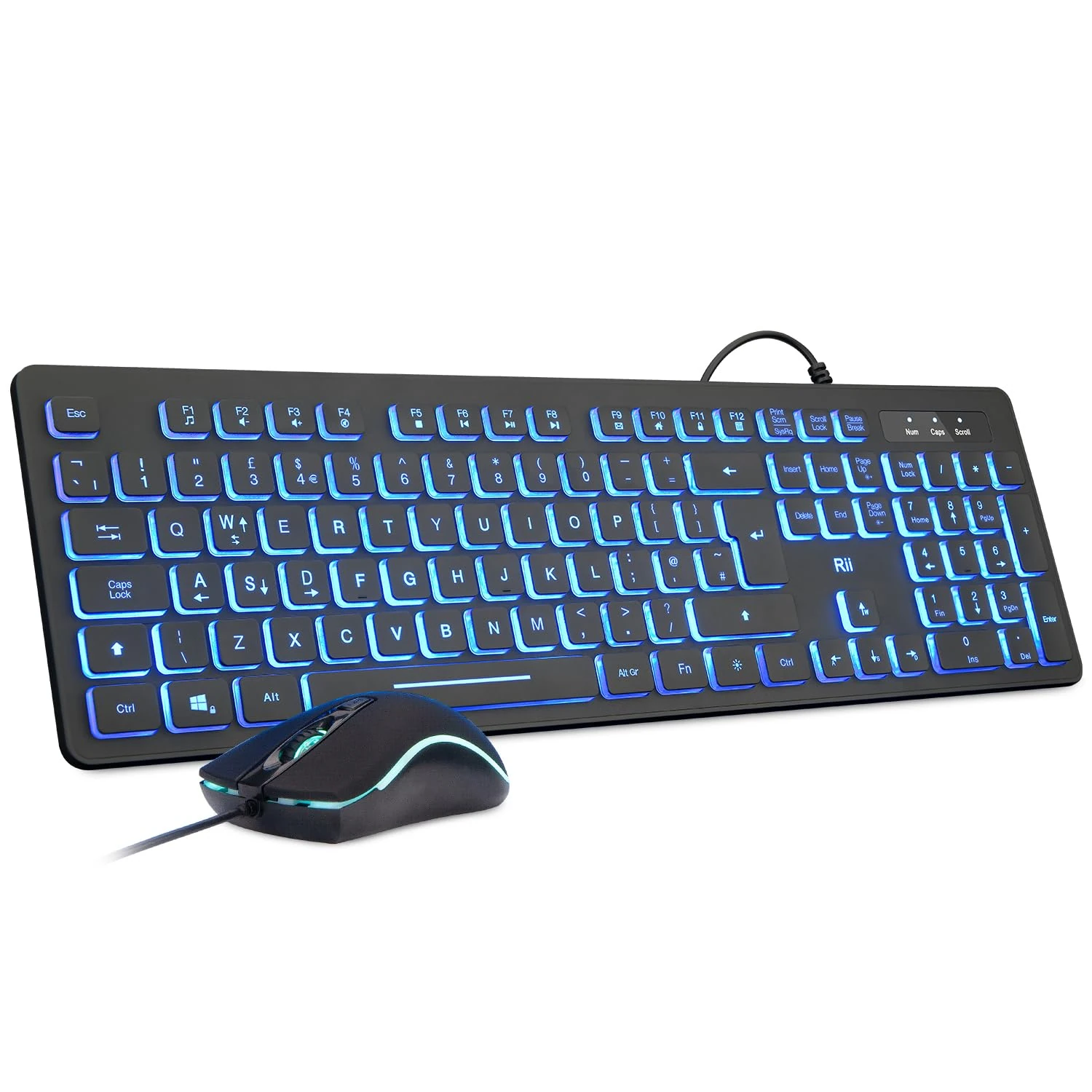 Rii Wired keyboard and mouse, RK105 USB Keyboard and Mouse with Backlit(White Green Blue) for Office Home Business-Full Size Standard UK Layout