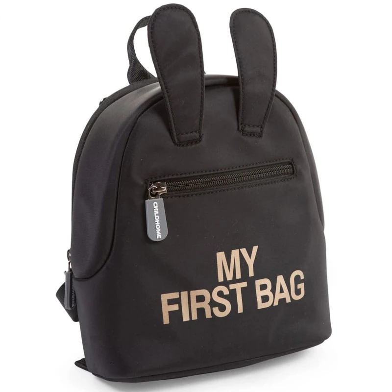CHILDHOME, Baby Backpack, School, Kindergarten, Nursery, Two Compartments, Lunchbag/Bottle Capacity, Removable Safety Buckle, Waterproof, My First Bag, Black and Gold