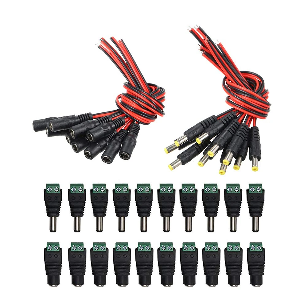 YIXISI 20 Pairs DC Power Pigtail Cable (18AWG Pure copper wire), 12V 5A Male & Female Connectors Power Adapter Connectors for Home Security Surveillance Camera and Party Lighting