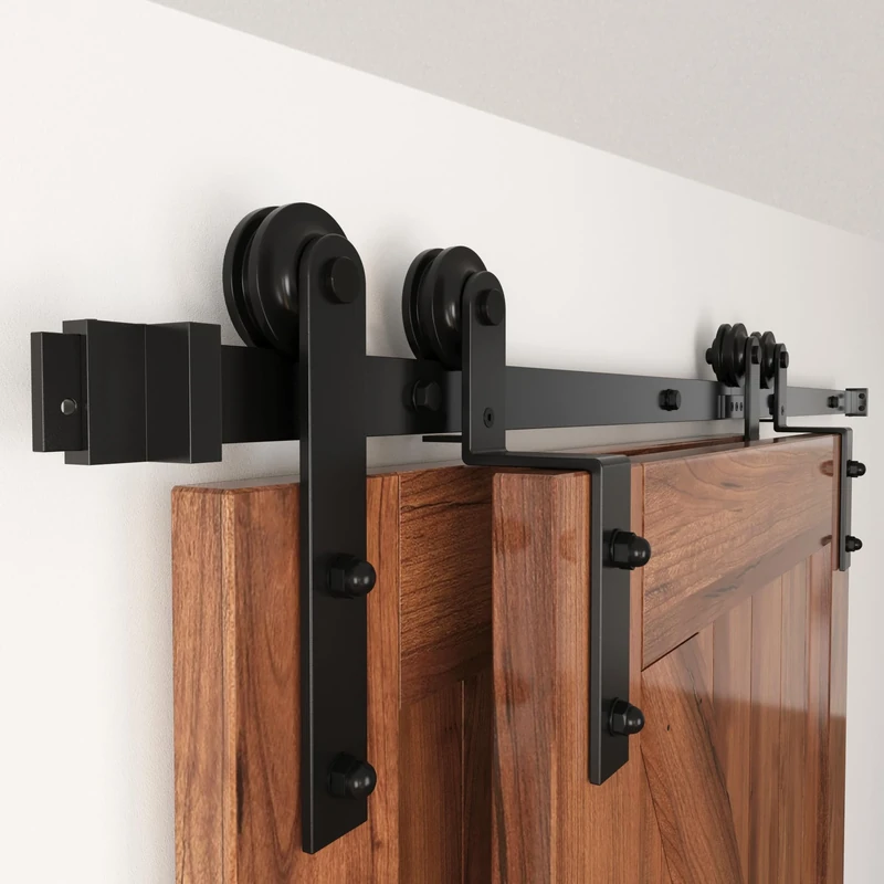 WINSOON 230CM Single Track Bypass Sliding Barn Door Hardware Kit for Double Doors, Low Ceiling, Easy Mount, Heavy Duty, Slide Quietly and Smoothly