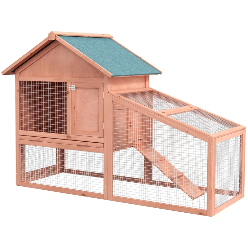 PawHut Small Animal Hutch with Asphalt Roof Outdoor Enclosure Double Storey Fir Wood Natural 144 x 64.5 x 100 cm