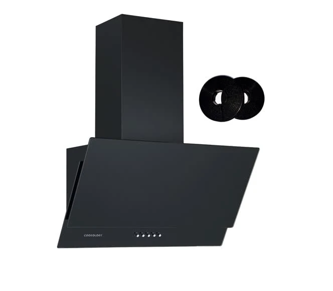 Cookology Angled Cooker Hood in Black & Charcoal Carbon Recirculating Extractor Filters - 60cm Width - Wall Mounted - LED Lights - 3 Speed Settings - Adjustable Height