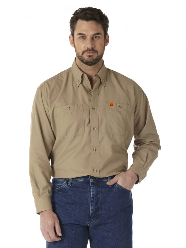 Wrangler Riggs Workwear Men's Fr Flame Resistant Long Sleeve Two Pocket Work Shirt - Beige - Large