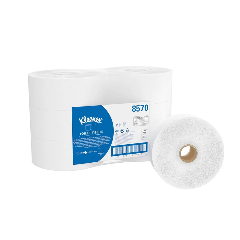 Kleenex® Jumbo Roll Toilet Tissue 8570, White 2-Ply Toilet Paper for High-Traffic Washrooms, FSC® & Ecolabel Certified, 6 Rolls x 500 Sheets (3,000 Sheets Total)