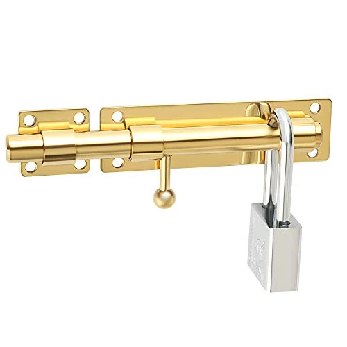 Sayayo Heavy Duty Slide Gate Latch Bolt Safety Door Lock with Padlock Hole 180MM Length, 16mm Dia Bar, SUS304 Stainless Steel Golden Finish(Not Include Padlock), EMS9000-G