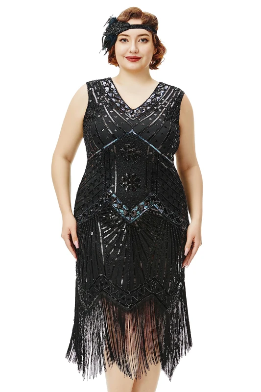 BABEYOND Women's Plus Size Flapper Dresses 1920s V Neck Beaded Fringed Great Gatsby Dress, Glam Black, 5X-Large