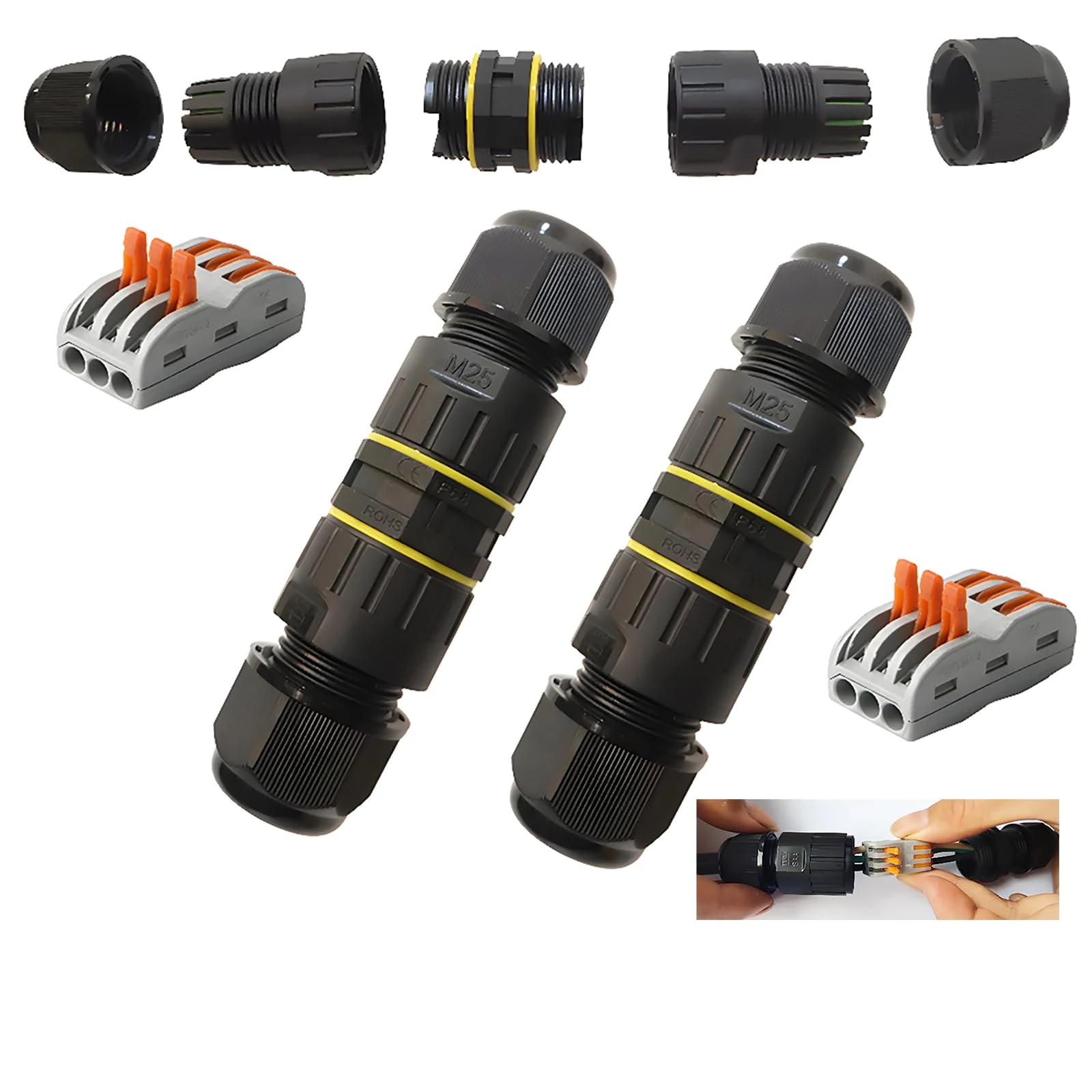CESFONJER Junction Box Outdoor Waterproof IP68 3 - Way Line M25 Cable Connector Wire Range 6-11mm Power Cord External Sleeve Coupler Protection Box (2 PCS)