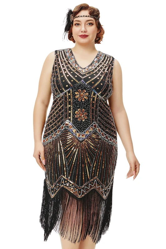 BABEYOND Women's Plus Size Flapper Dresses 1920s V Neck Beaded Fringed Great Gatsby Dress Gold, Gold, 5X-Large