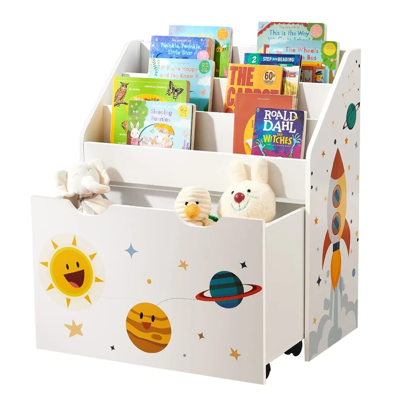 SONGMICS Toy Organiser, Children抯 Bookshelf with 3 Shelves, Removable Storage Box with Wheels, Multipurpose, for Children's Room and Playroom, White GKR41WT