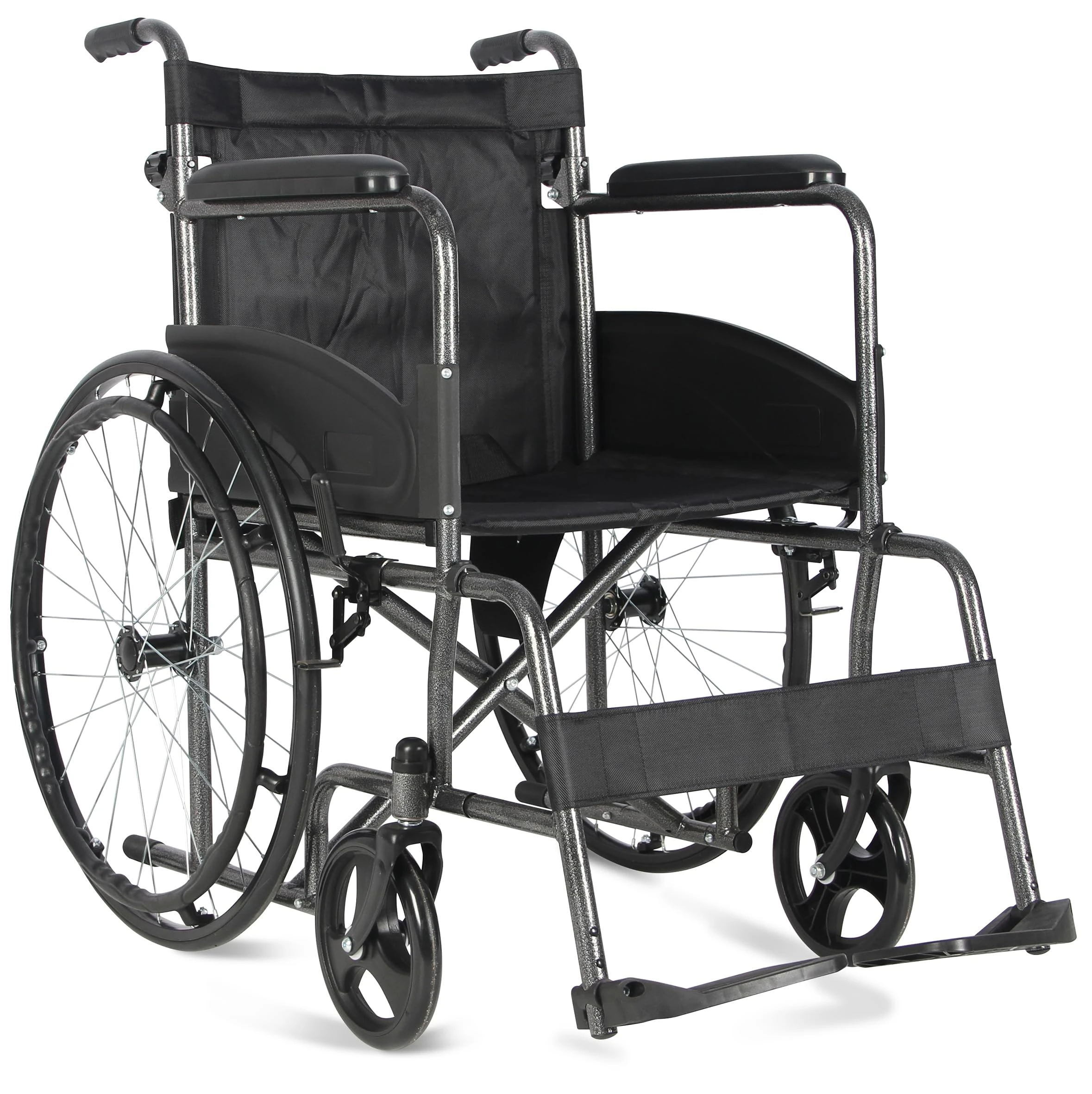 Aidapt Folding Lightweight Self Propelled Steel Wheelchair with Brakes, Extra Wide Seat (20") Lap Strap, Removable Foot Rests and Side Panels for Privacy. Indoor and Outside Use
