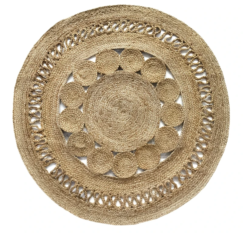 HAMID - Rug Jute Round Alhambra Nazari Natural Colour, Jute Rug, Area Rug 100% Jute Fibre Handmade, Braided Rug for Decoration. Home, Living Room, Floor Carpet..(120x120cm)