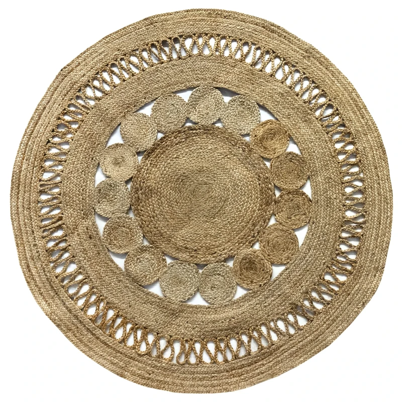 HAMID - Rug Jute Round Alhambra Nazari Natural Colour, Jute Rug, Area Rug 100% Jute Fibre Handmade, Braided Rug for Decoration. Home, Living Room, Floor Carpet..(150x150cm)