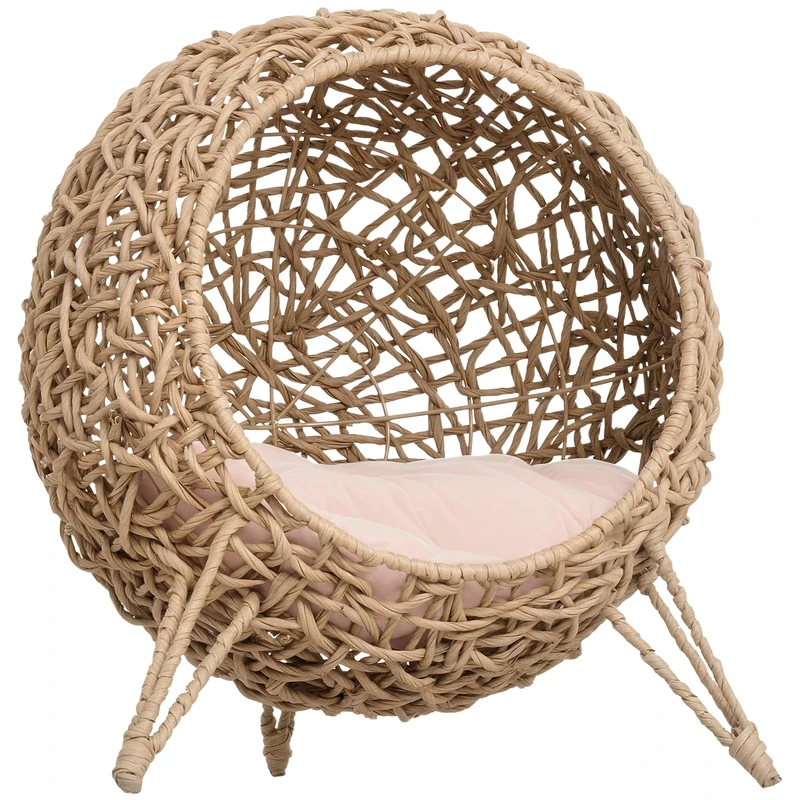 PawHut Cosy Cat Bed Raised Bed Cave Large Comfort Diameter 52 x 58 cm Soft Cushion Included Rattan Imitation Rattan Beige