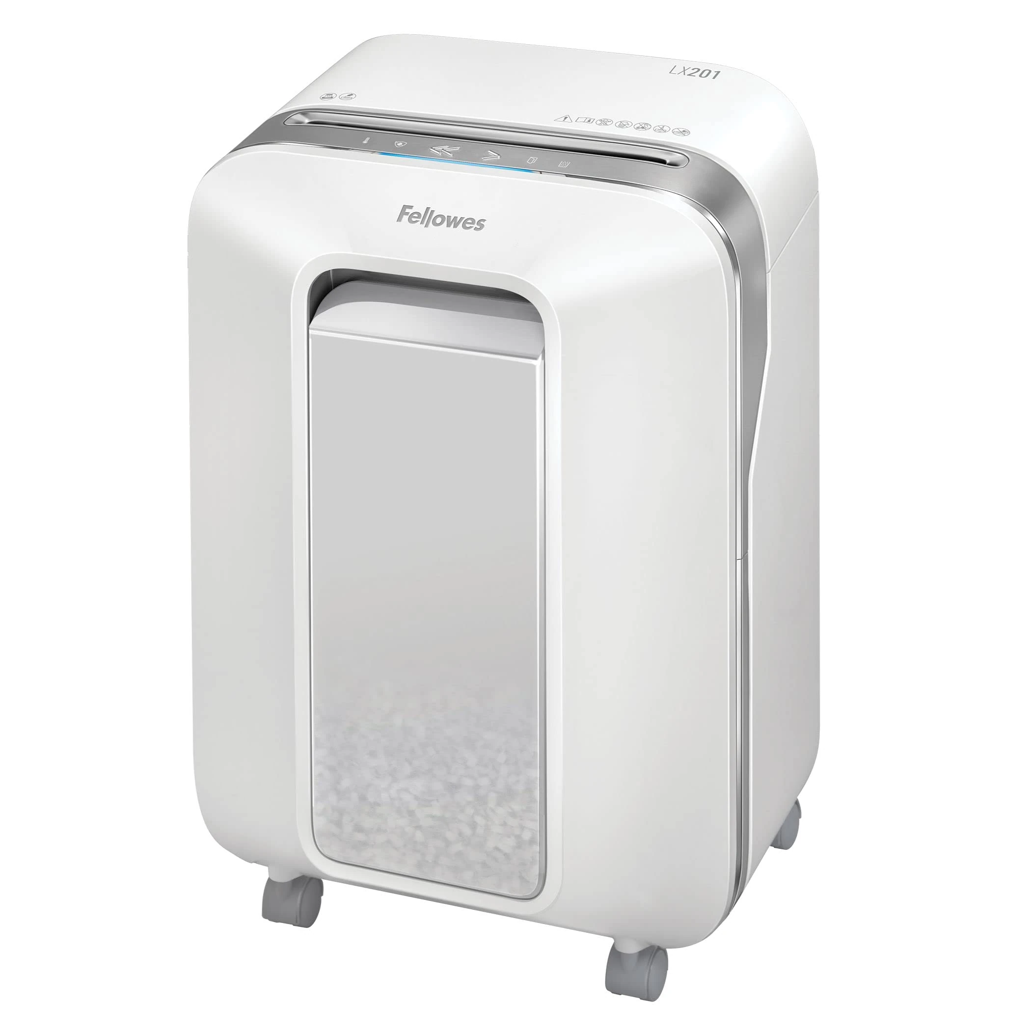 Fellowes Paper Shredder for Home Office Use - 100% Jam Proof 12 Sheet Micro Cutter for Home Office Use - Deskside with Large 22L Pull-Out Bin - Powershred LX201 - DIN Level P5 - White