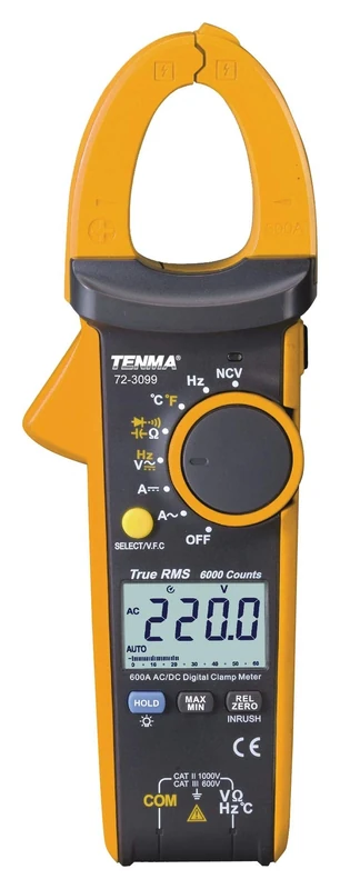 TENMA True RMS Clamp Meter – 600A AC / 750V DC, 30mm Jaw, Auto-Ranging Multimeter with Backlit LCD, Diode & Continuity Test